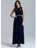 Navy Blue Chiffon Beads Cross Neckline Long Prom Dress